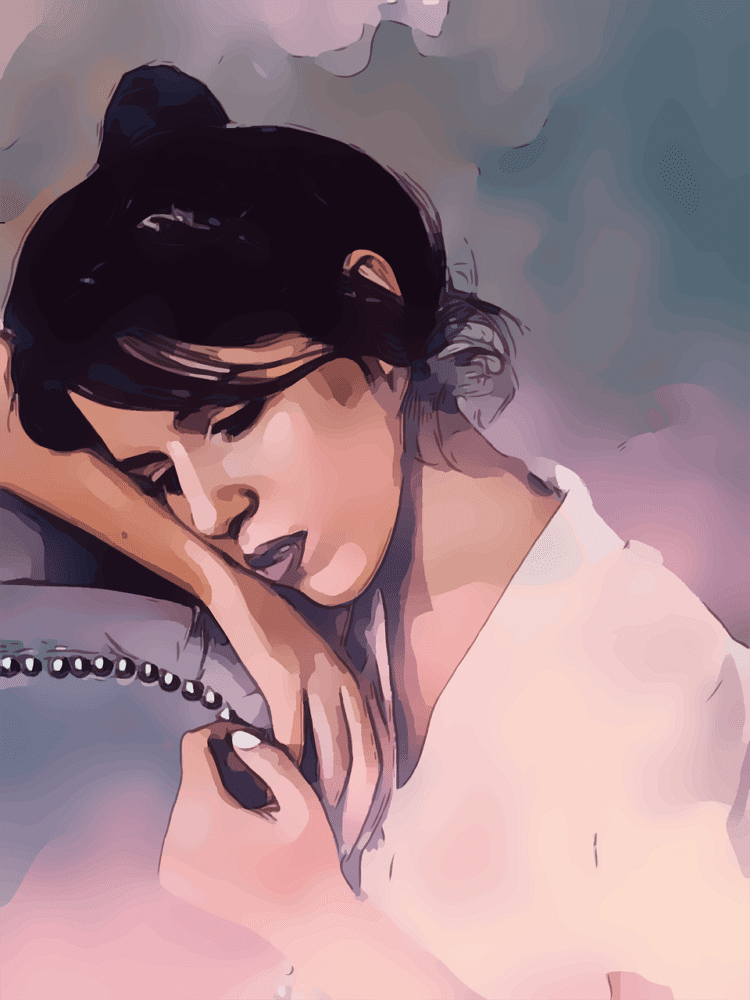 dessin de femme pensive, la tête dans son coude droit, le visage vers le lecteur.