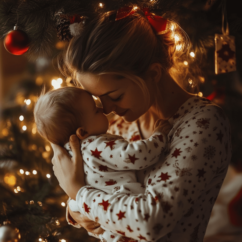 Jeune maman et son bébé devant le sapin de Noël