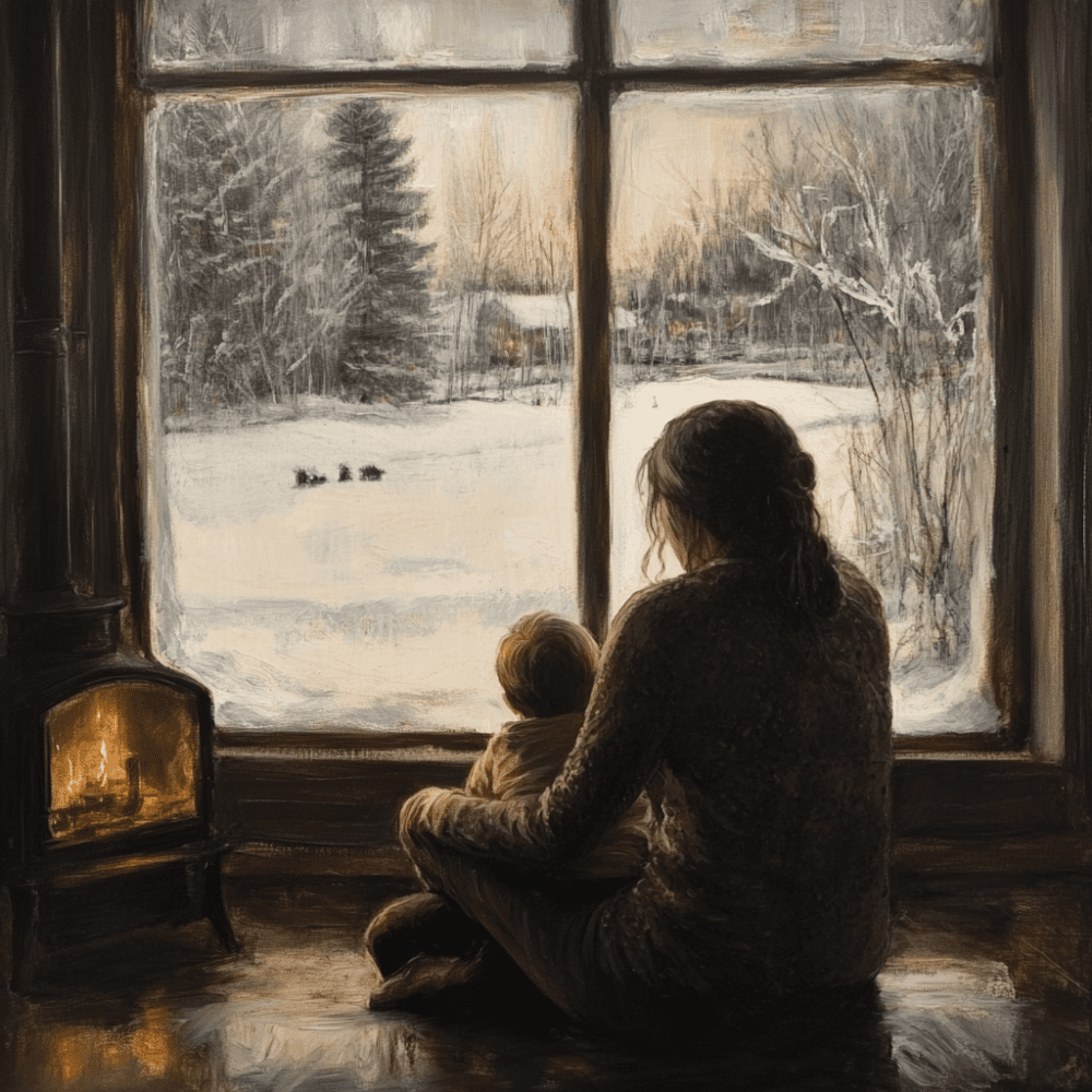 maman et bébé en hiver observant la neige par la fenêtre